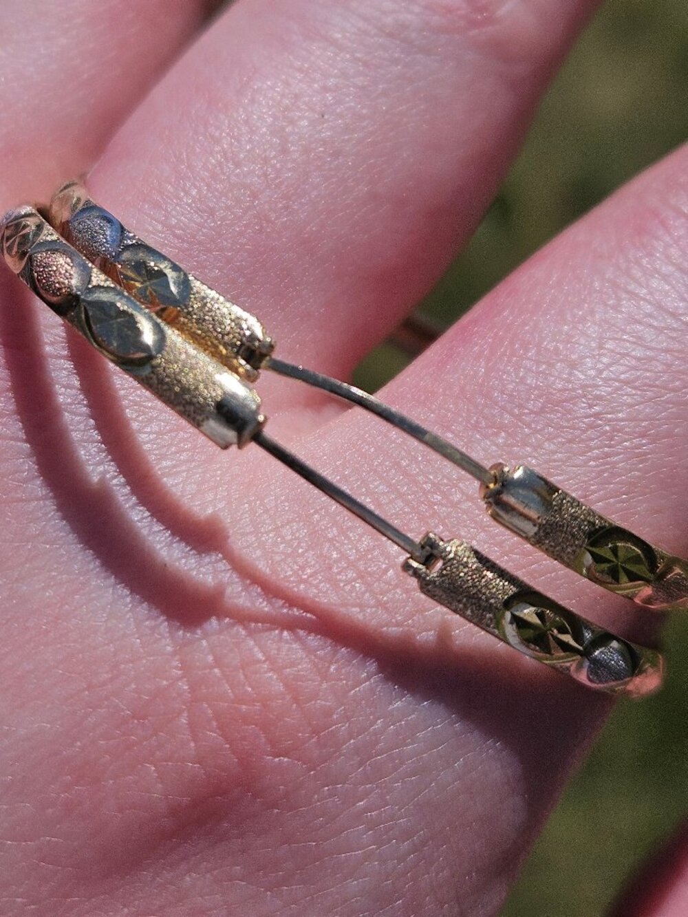 10K Tri-Color 3 Tone Gold Diamond Cut Repousse Large 2 Inch Hoop Earrings - Picture 9 of 12